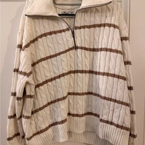 Hollister Cream Cable-Knit Half-Zip Sweater with Brown Stripes